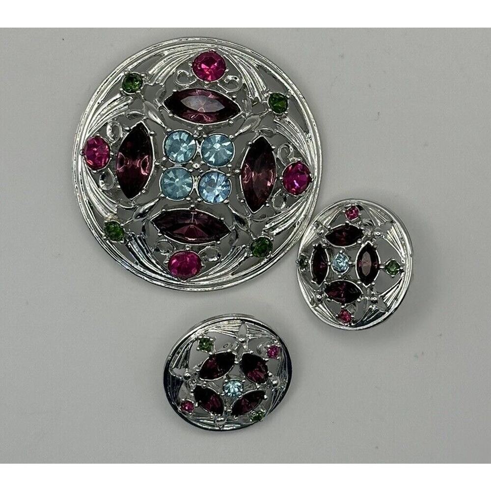 Vintage‎ 1972 Sarah Coventry SPRINGTIME Multi Color Rhinestone Brooch Earrings